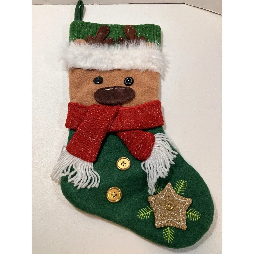 Vintage Felt Reindeer w/ Scarf Christmas Stocking Star Holiday Decor
